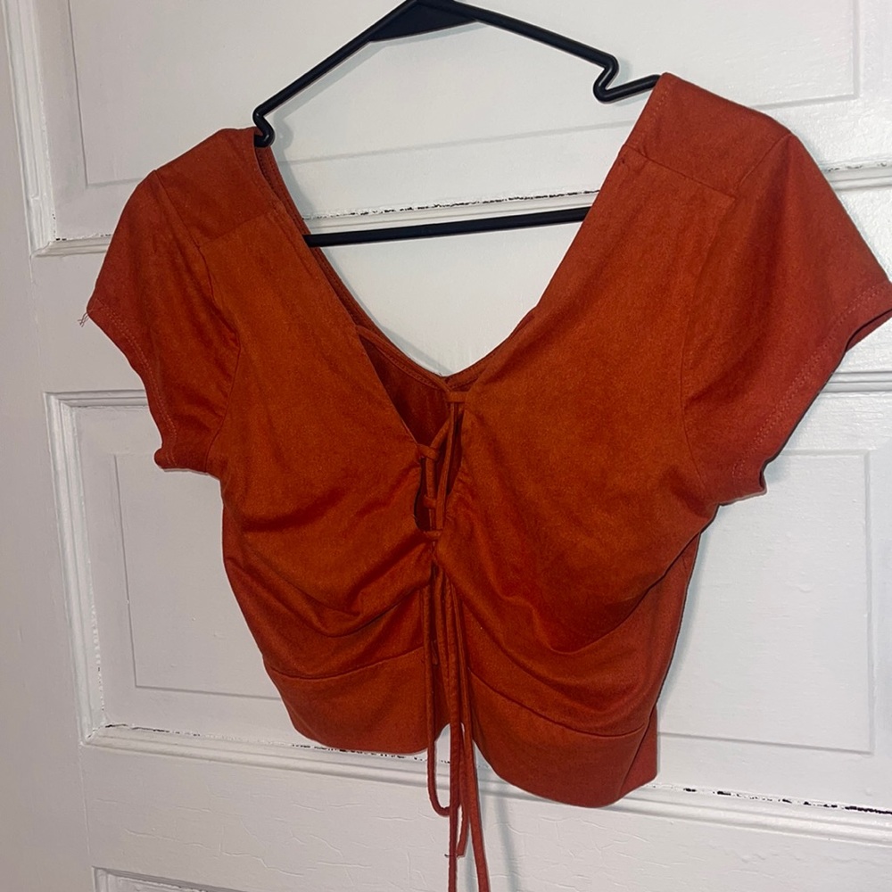 Burnt orange velvety crop front tie